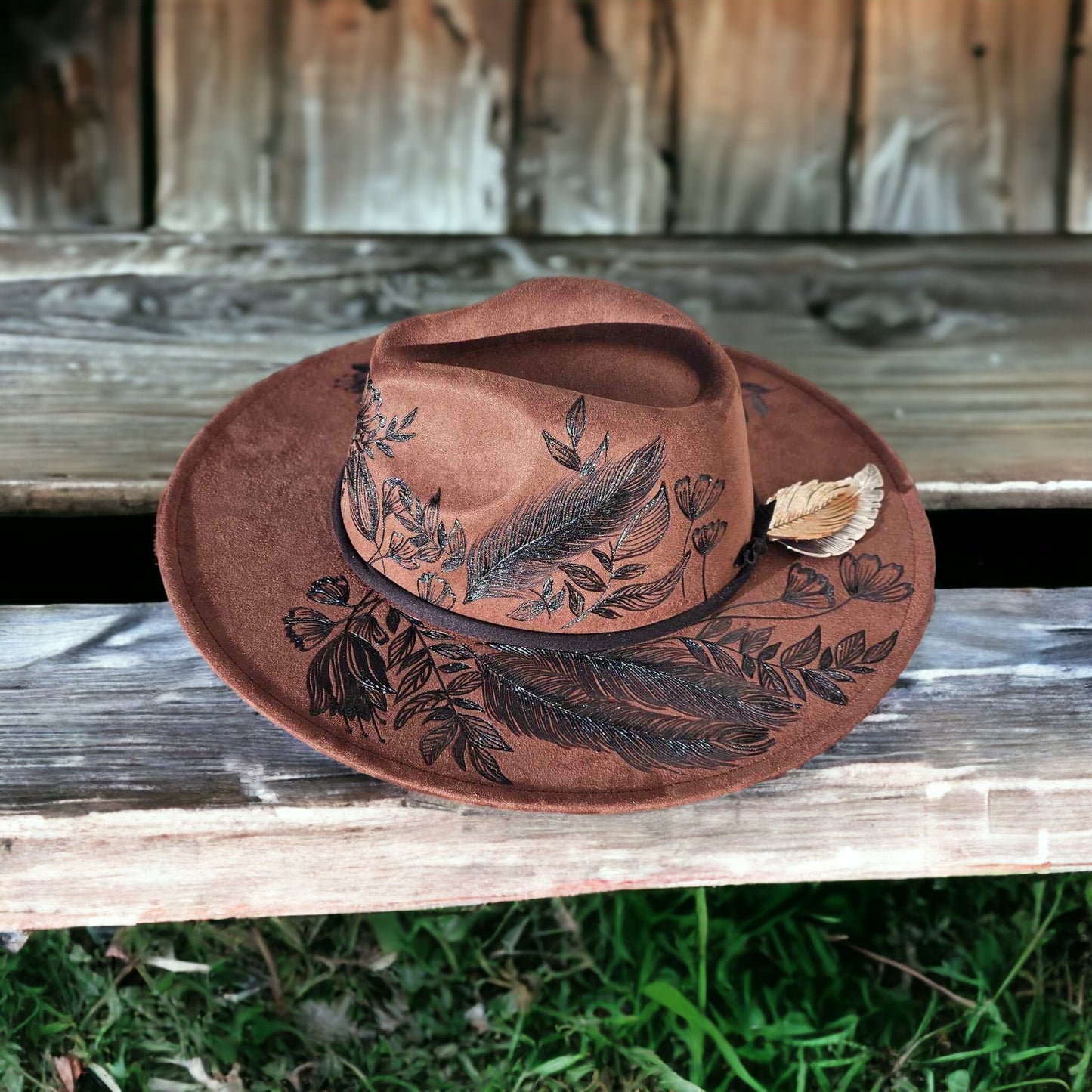 Dixie-Wide Brim Burned Hat with Matching Earrings - SET