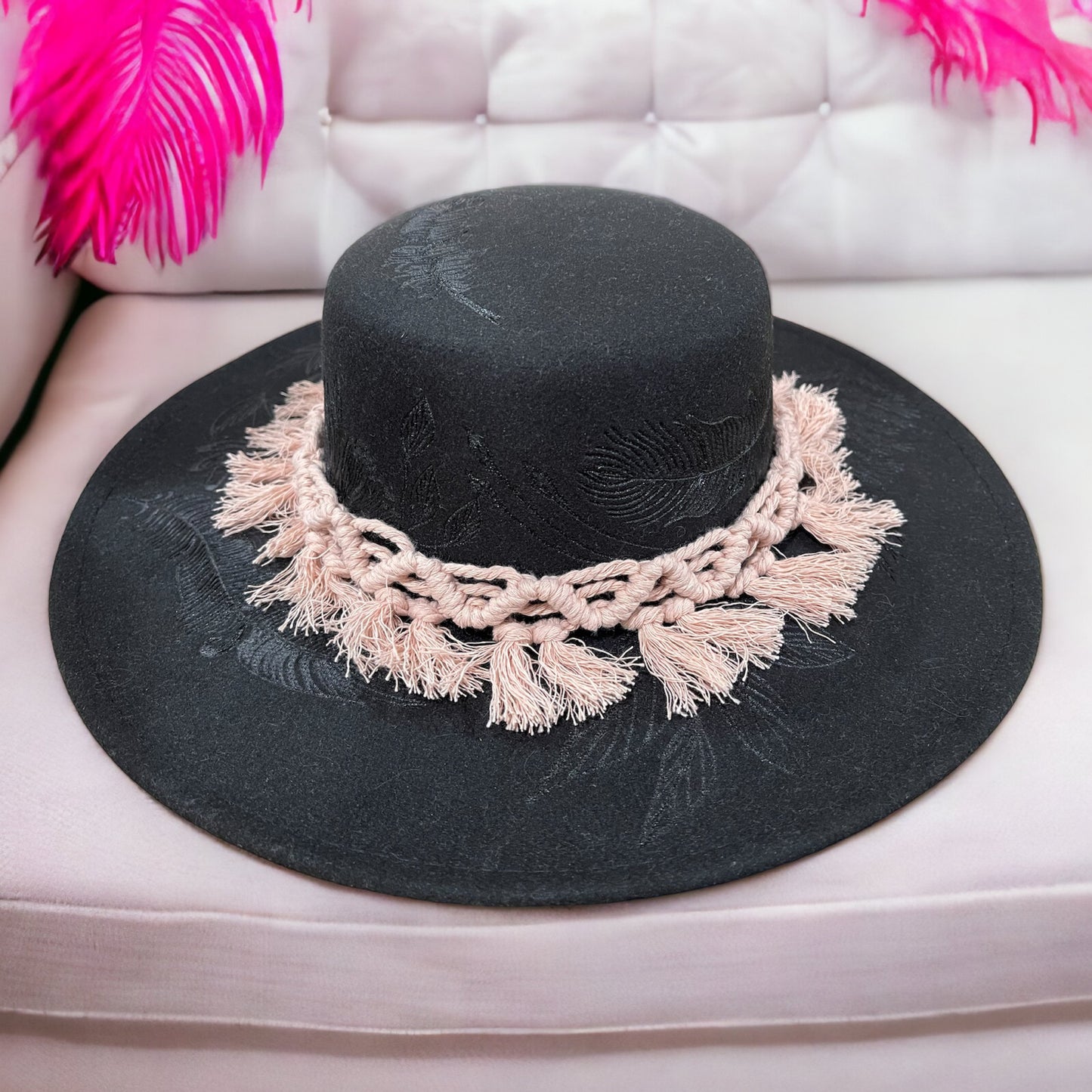 Plume In Black  - with pink Macrame Band- Burned Hat