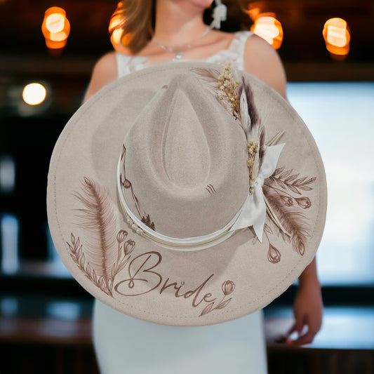 Cowgirl Bride- Bridal Themed Burned Wide Brim Hat