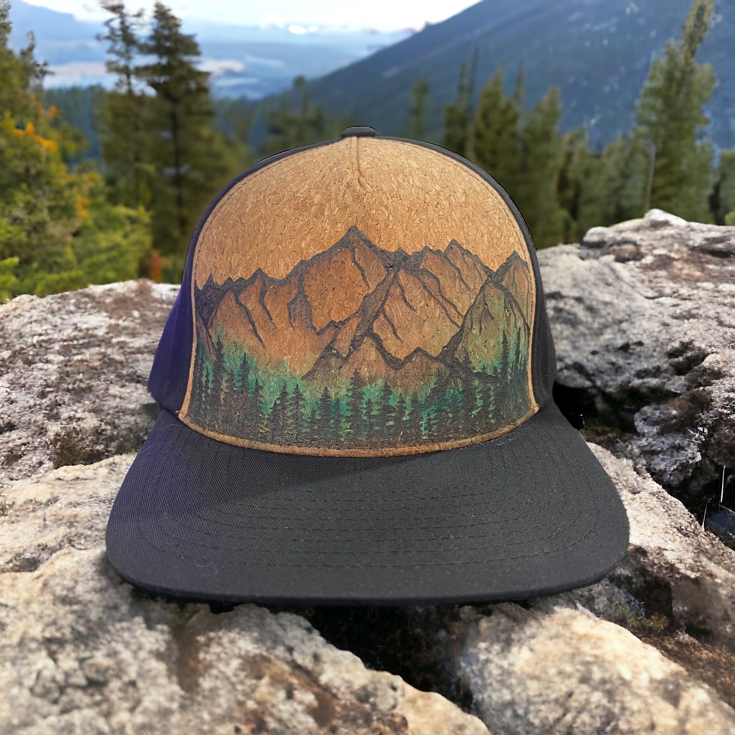 Distant Range - Pyrography Burned & Hand-Painted Cork Trucker Hat