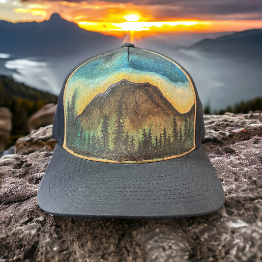 Mt Rainier- Pyrography Burned & Hand-Painted Cork Trucker Hat