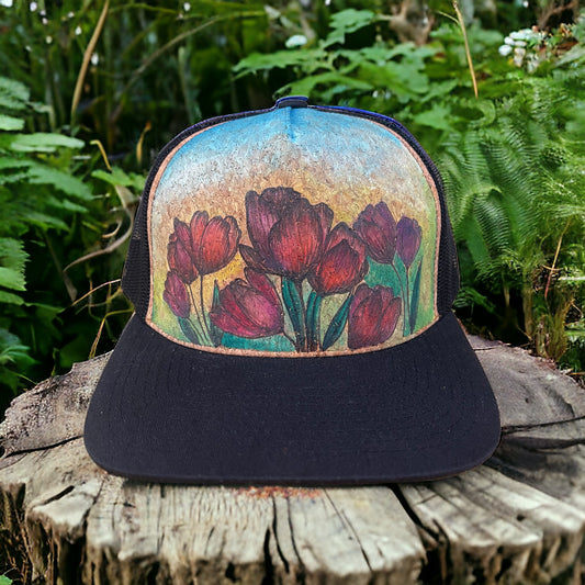 Ember Petals-Pyrography Burned & Hand-Painted Cork Trucker Hat