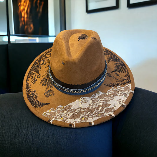 Laced in Grace- Burned Wide Brim Hat