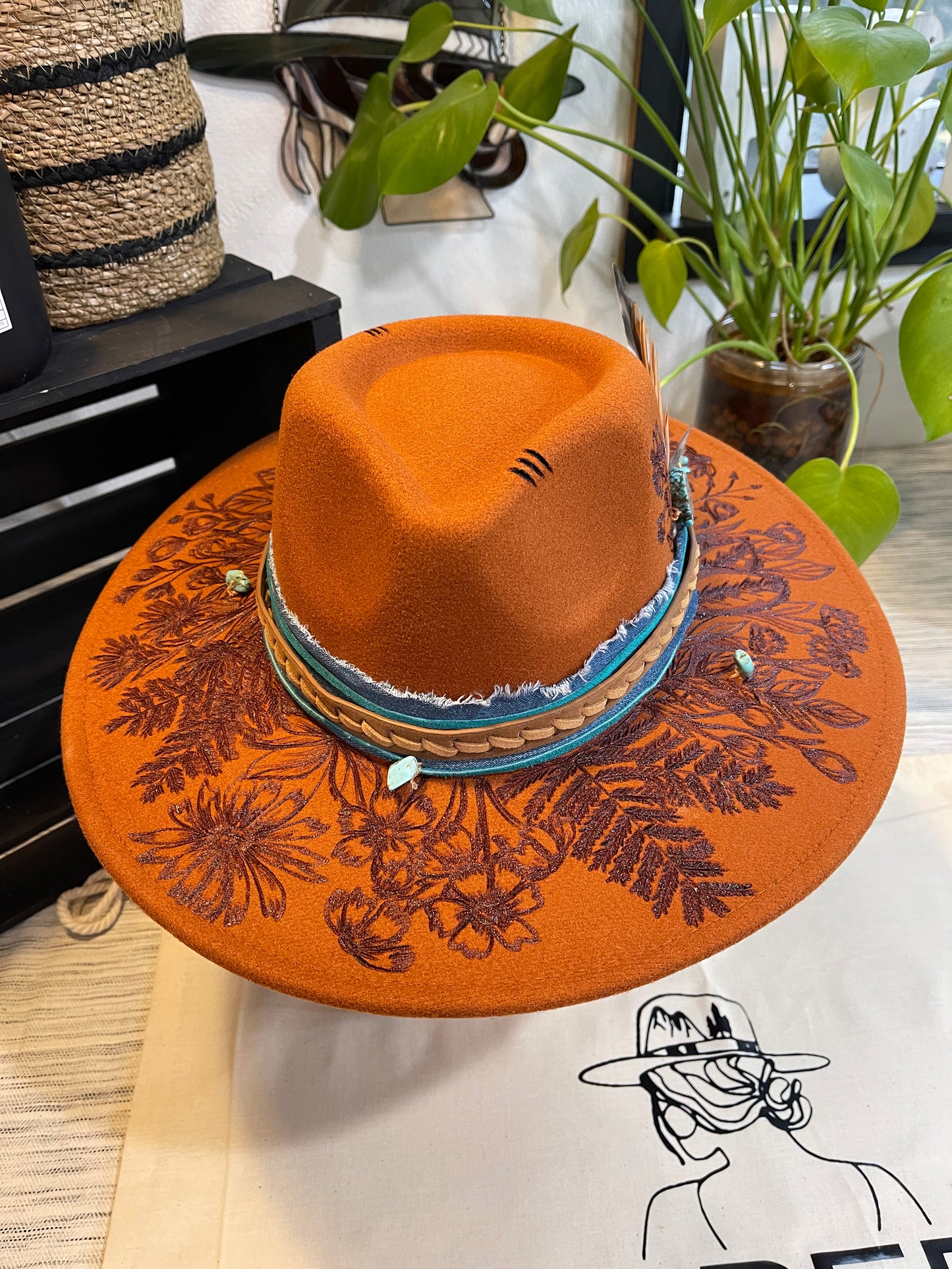 Ferozah- Burned & Painted Wide Brim Rancher Style Hat