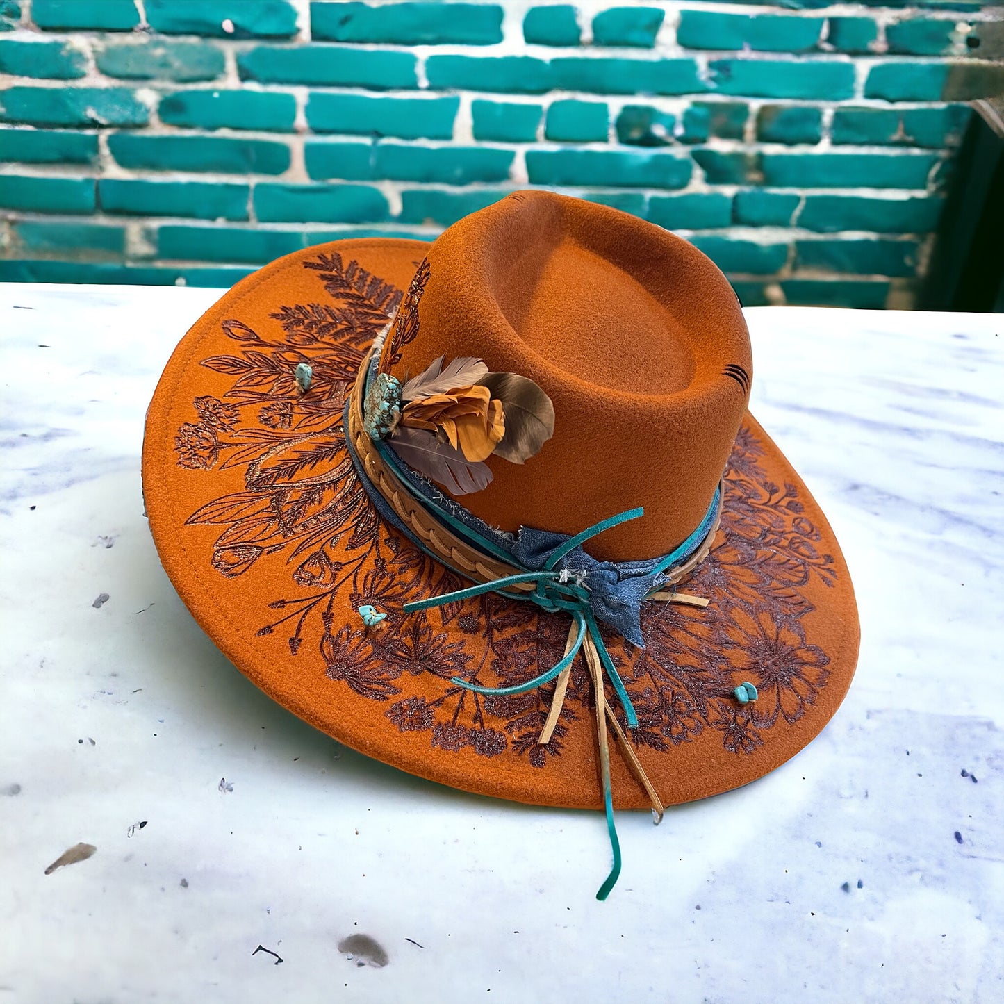 Ferozah- Burned & Painted Wide Brim Rancher Style Hat