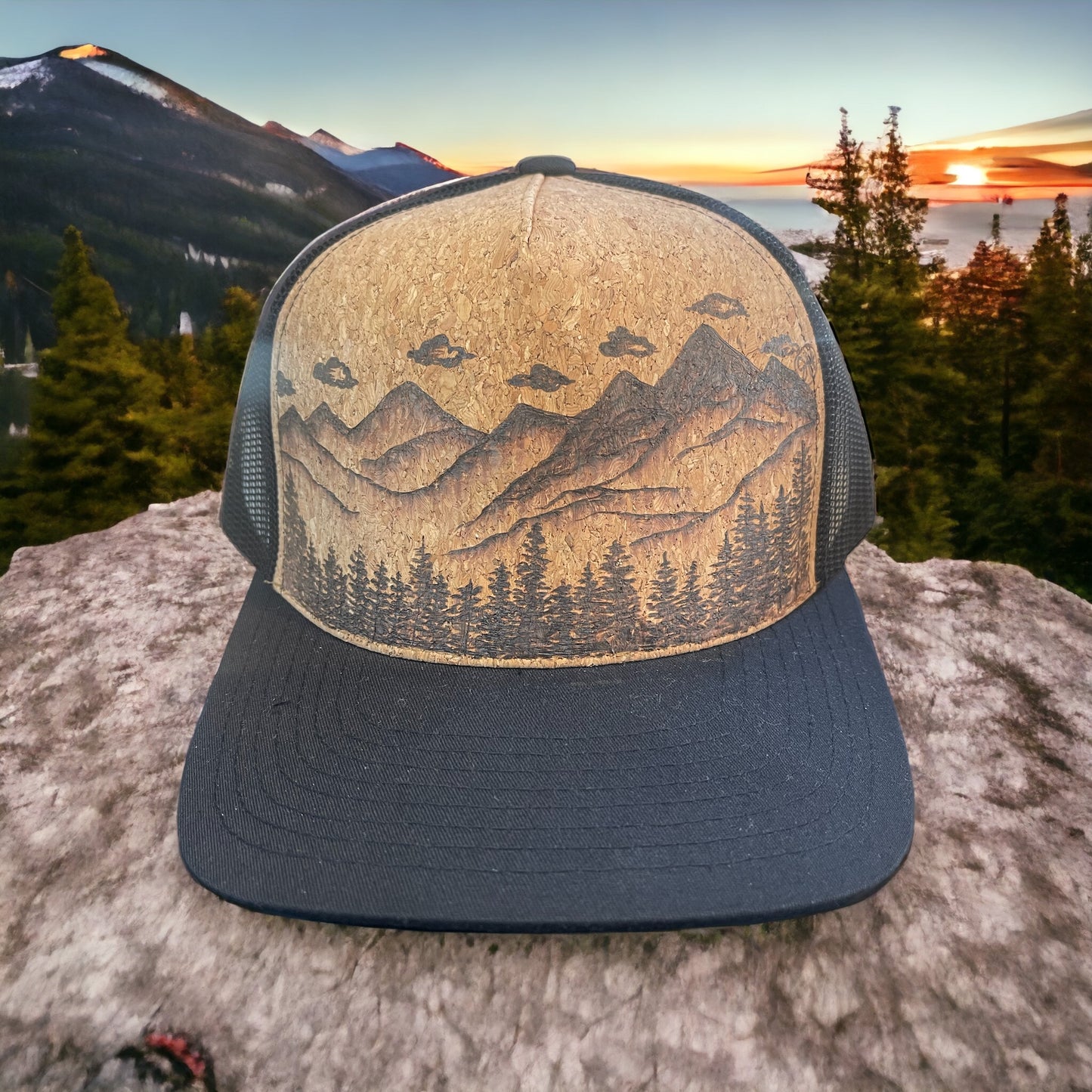 Shadow Peaks- Pyrography Cork Trucker Hat