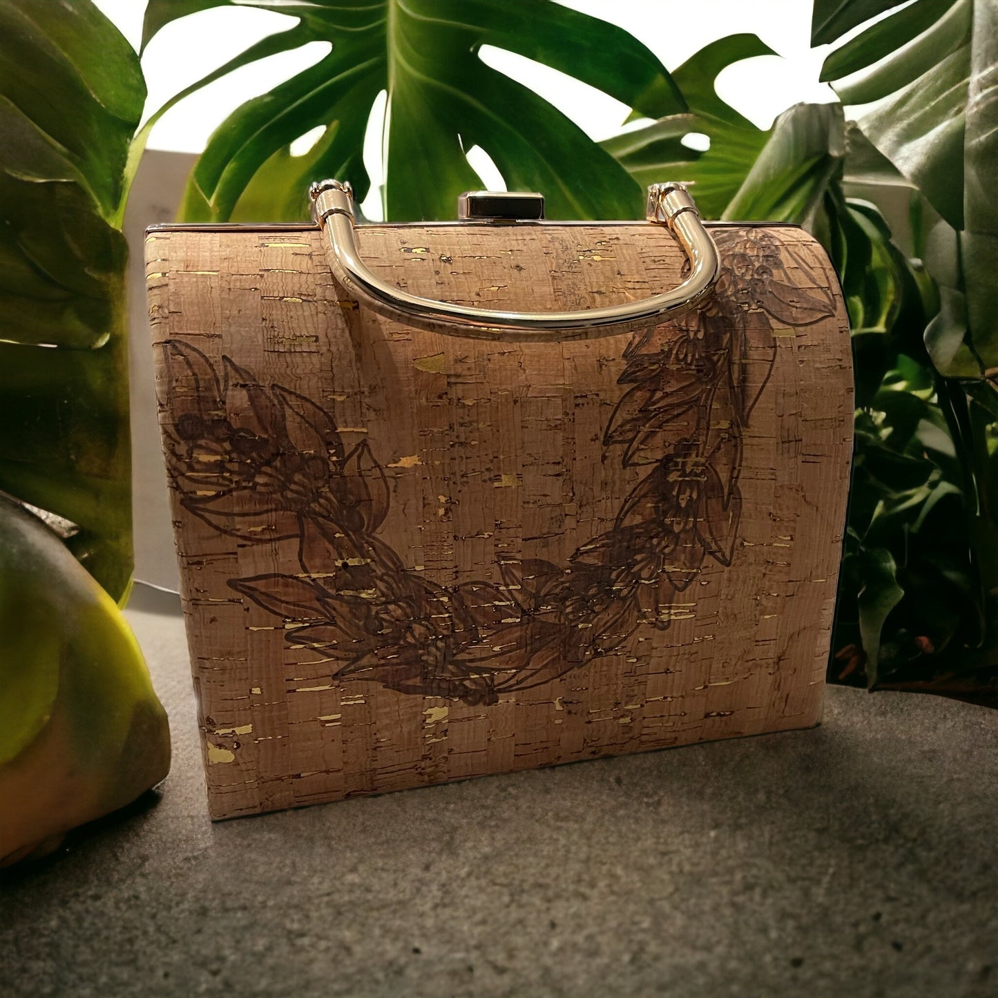 Burned Cork Handbag- Maile, Pikake, Mokihana Lei Design