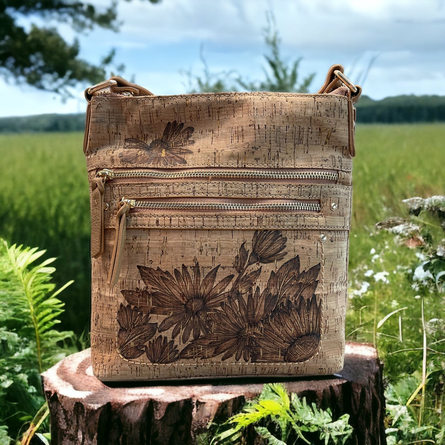 Burned Cork Handbags - Flower Fields Messenger